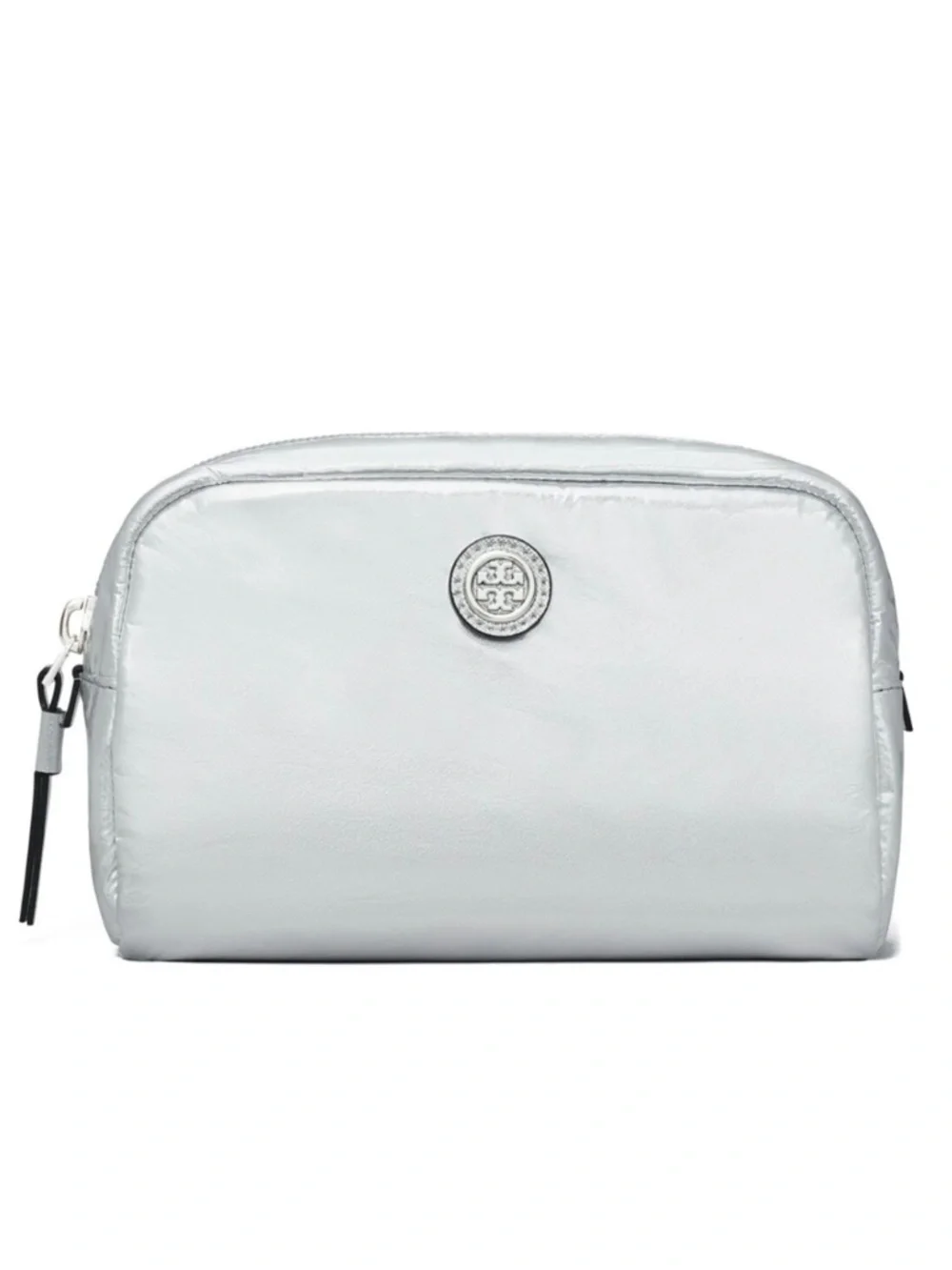 New Tory Burch Virginia Metallic Curved Nylon & Leather Cosmetic Case in Silver